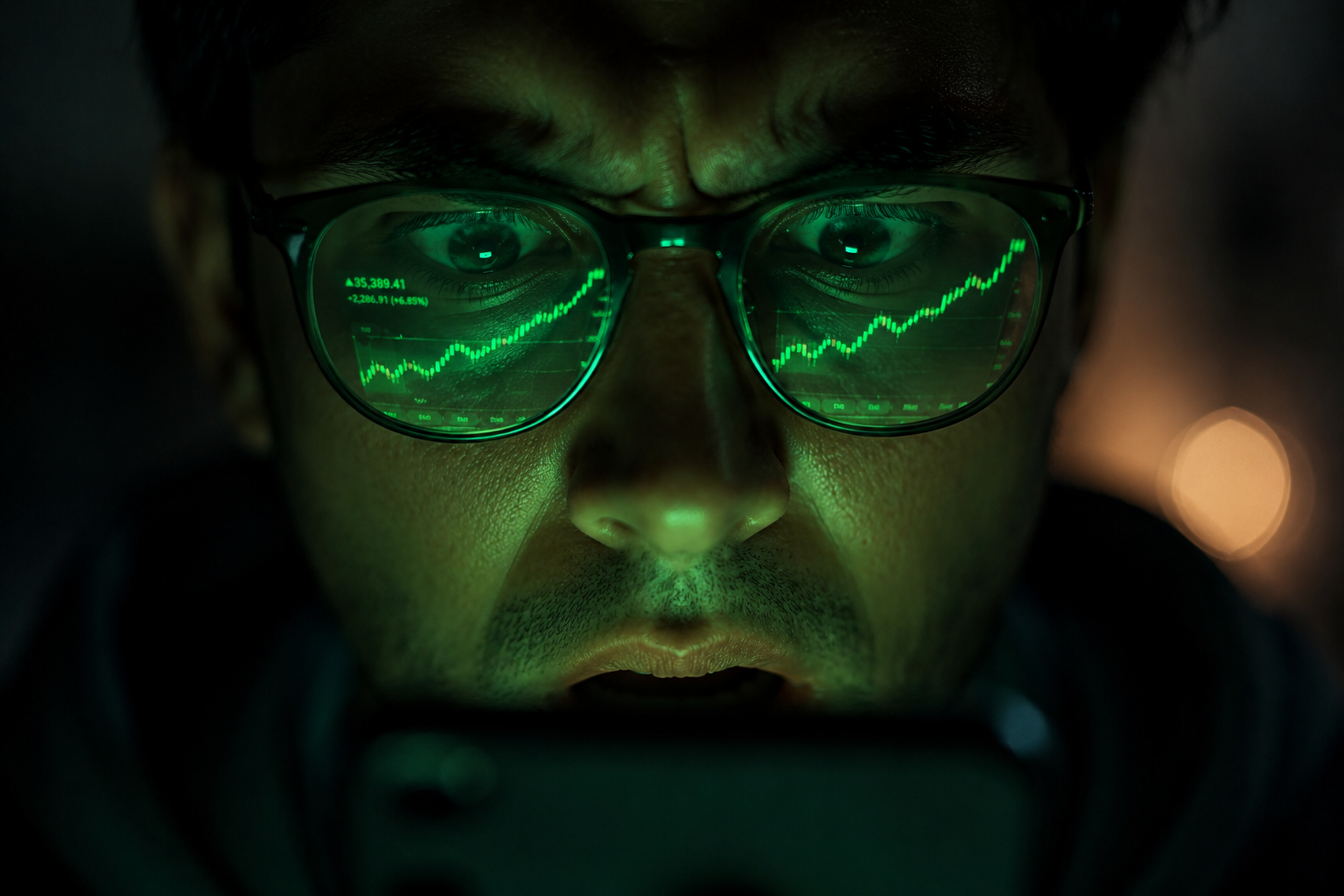 A glowing smartphone screen showing a massive green stock chart shooting upward, reflecting on the glasses of an anxious investor.